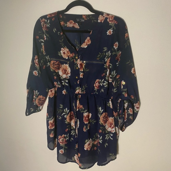 2/20 J for Justify Floral Blouse Zippers Buttons Elastic Waist 3/4 Sleeve Top - Picture 3 of 12